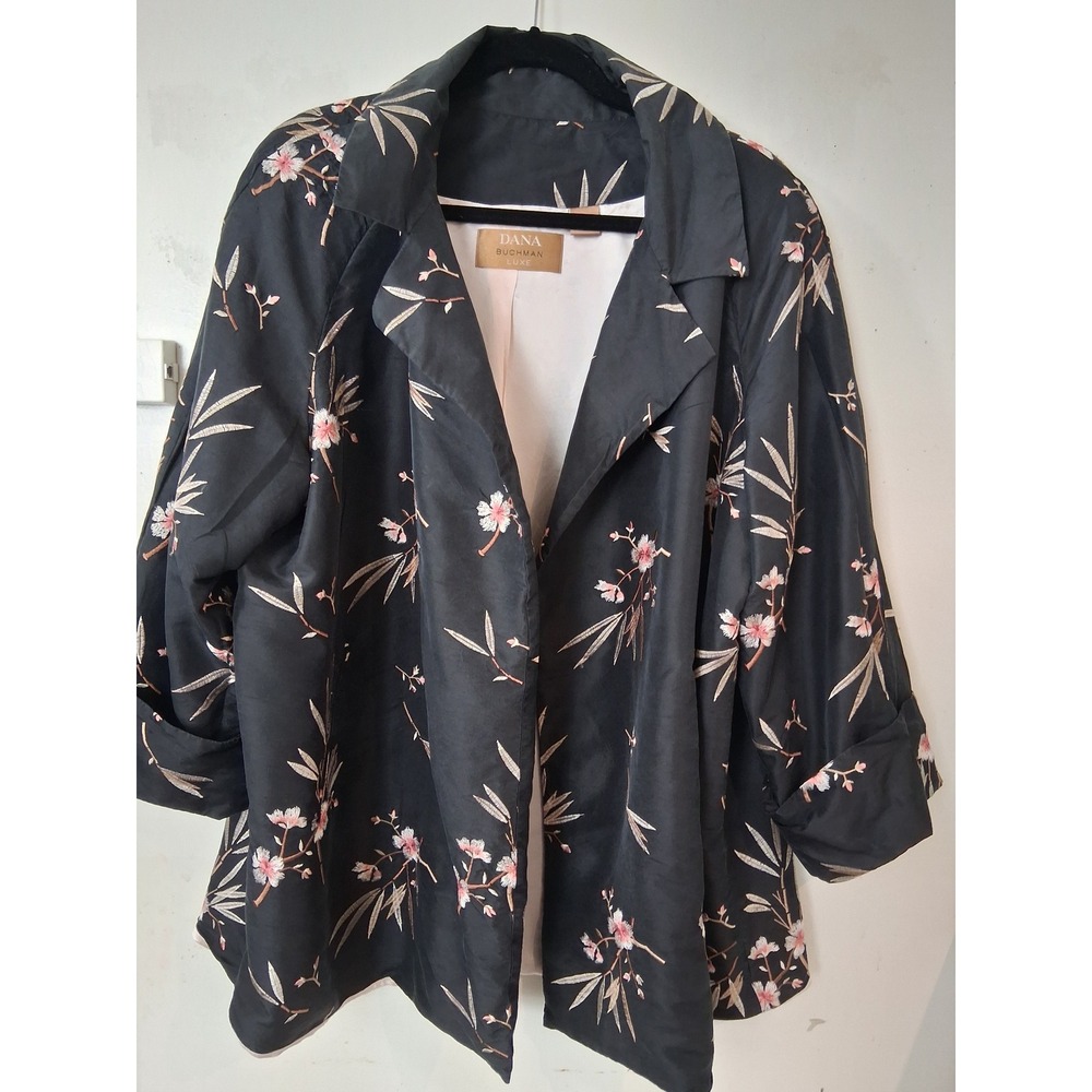 Dana Buchman Luxe Black 100% Silk Embroidered Floral Bamboo Jacket Womens XL